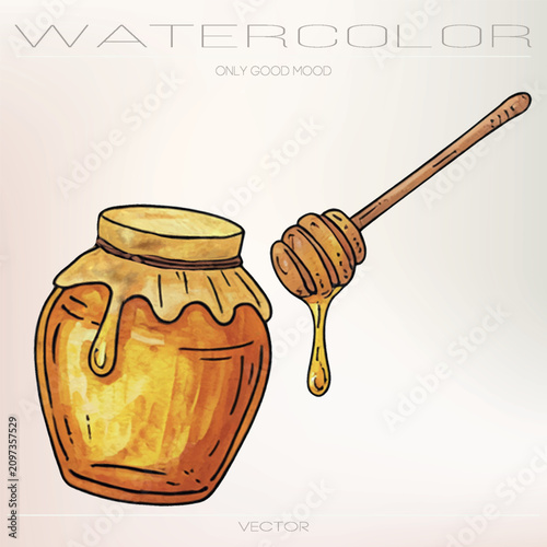 Vászonkép Honey jar and dipper with honey on a light background in a simple design style