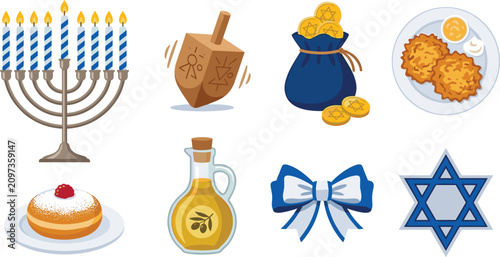 Bild auf Leinwand Hanukkah Jewish Holiday Celebration Vector Icon Set with Menorah Candlestick Dre
