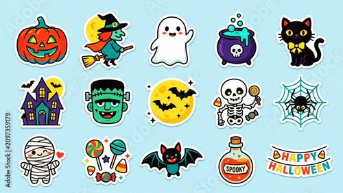 Cute halloween stickers set with spooky characters and festive elements.