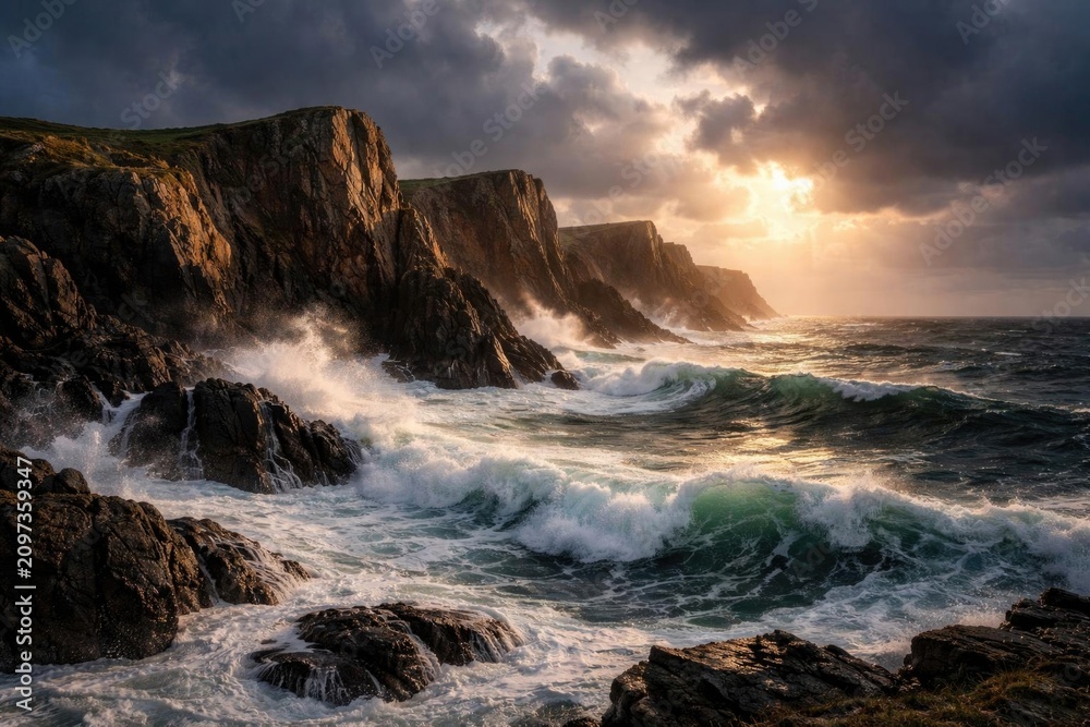 Fototapeta premium Crashing Waves Against Rugged Cliffs at Sunset with Dramatic Clouds