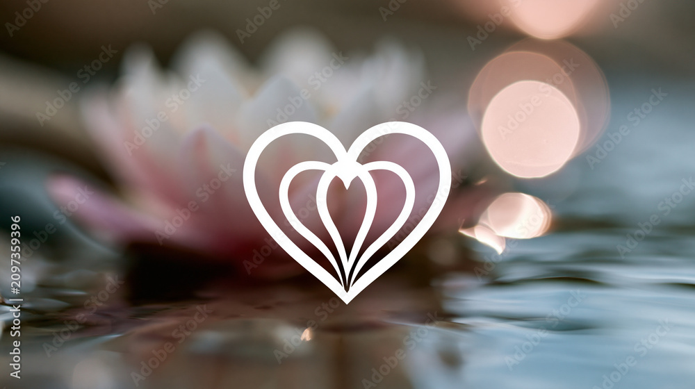 Fototapeta premium Heart shaped lotus flower logo symbol representing love wellness and spiritual growth, holistic health branding concept, logo photography, blurred neutral background , with copy