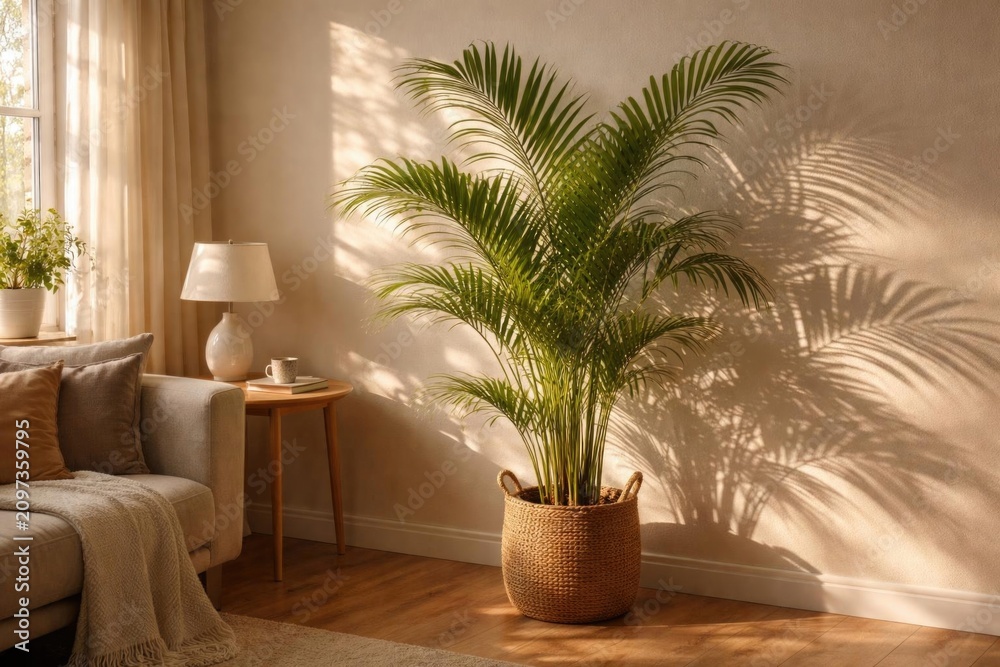 Fototapeta premium Tropical Palm Plant in a Cozy Living Room Bathed in Soft Light