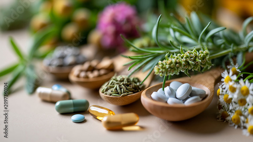 Collection of natural herbal remedies and supplements on beige background as wellness and alternative health concept with assorted botanicals and capsules in clean flat lay,