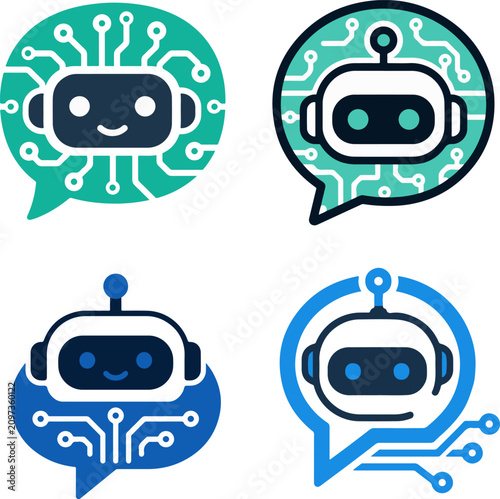 Friendly chatbot robot head icon set.
