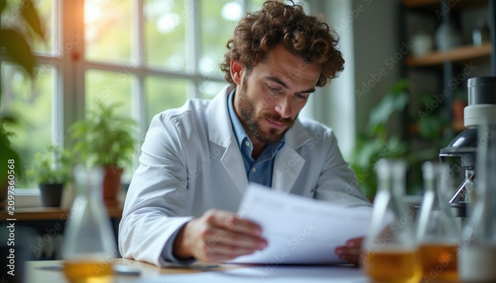 Fototapeta premium Male researcher wears white coat in laboratory. Scientist looks at test paper documents sitting at desk. Pro worker analyzes chemical experiment results. Focused expert studies medical data in office