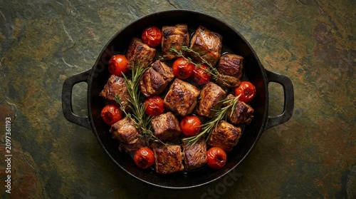 Roasted Beef Cubes with Cherry Tomatoes and Rosemary in Cast Iron Skillet