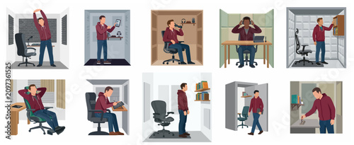 Bild auf Leinwand Set of flat vector illustrations of a man working in a home office or recording studio, featuring activities like stretching, drawing, relaxing, and using digital devices