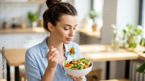 Young Beautiful Woman Eating Fresh Healthy Vegetable Salad in Modern Kitchen
