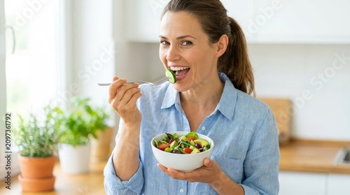 Happy Woman Eating Fresh Salad in Modern Kitchen - Healthy Lifestyle Concept