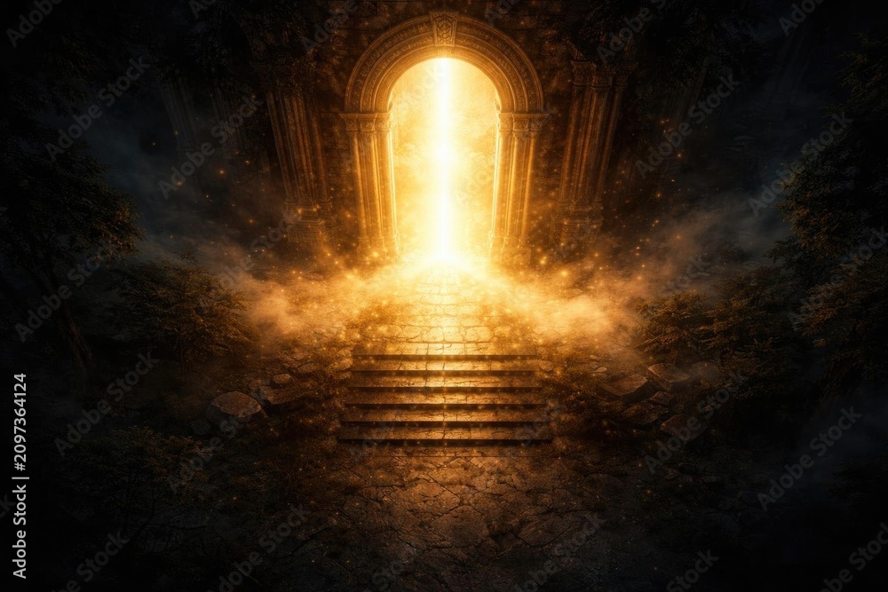 Obraz premium Mysterious Gateway Opening with Magical Light in a Dark Forest Pathway