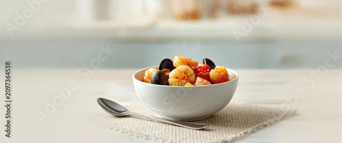 Panel kuchenny z motywem Bowl of Steaming Shrimp and Vegetables on a Table with Spoon