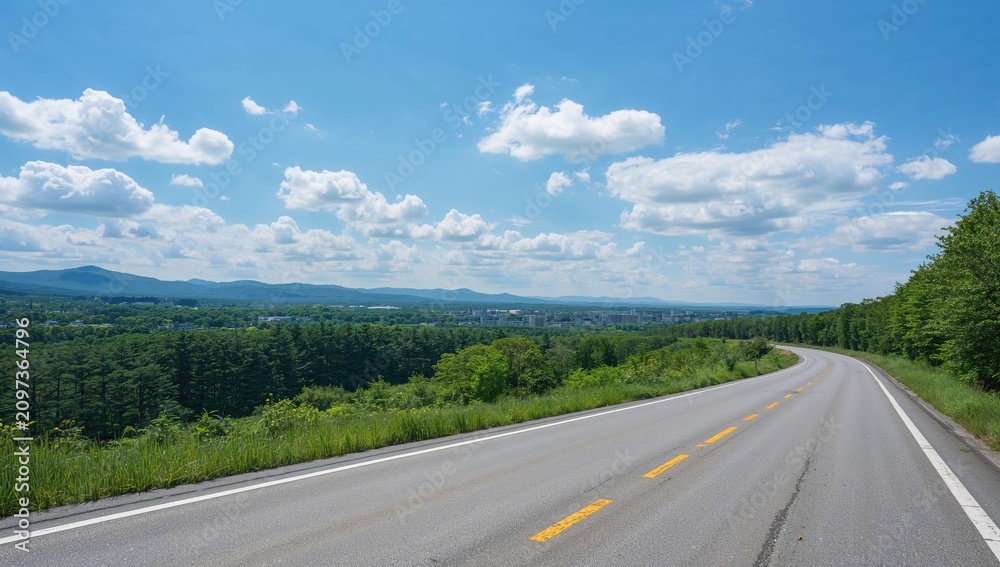 Obraz premium Winding Road Curving Through Lush Green Hills Under a Blue Sky with Clouds