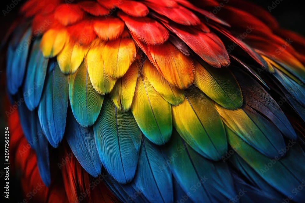Obraz premium Colorful Feathers of a Parrot in Closeup with Vibrant Rainbow Palette