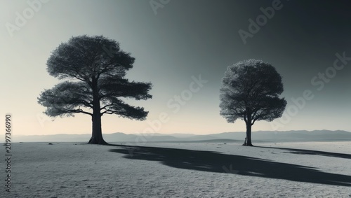 Two tiny plants on a mountain, illuminated by intense sunlight, under an expansive and empty sky