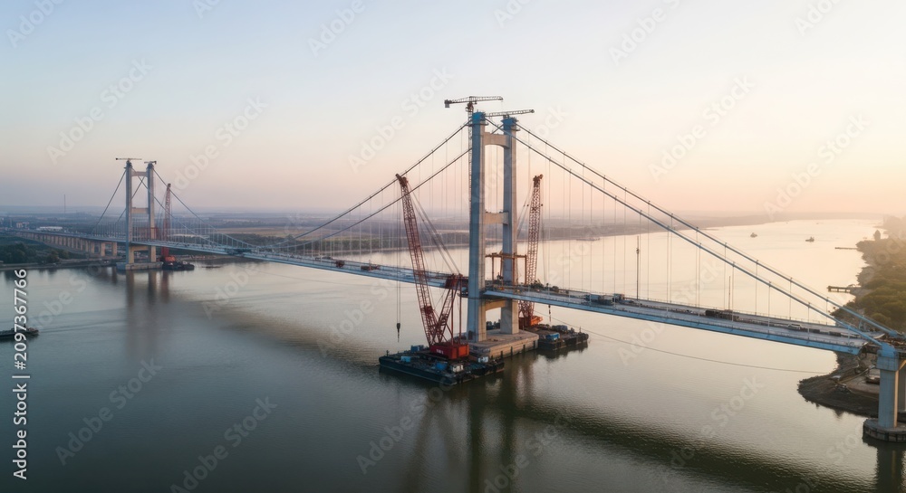 Fototapeta premium Massive suspension bridge construction site with cranes over river during sunrise