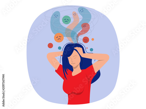 Girl experiences panic attack and clutches head, needing treatment from psychotherapist or psychologist Panic attack  mental health concept vector