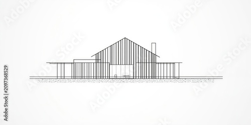 Modern Architectural Line Drawing of a House with Sloped Roof in Minimalist Style