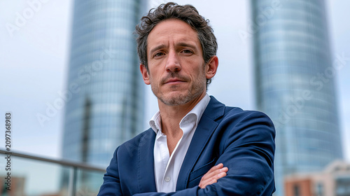 Confident man in a stylish suit stands against modern city skyline on a cloudy day