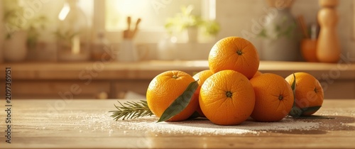 Fresh Oranges Arranged on a Wooden Table with Natural Light