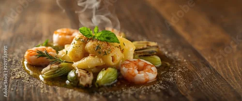 Panel kuchenny z motywem Steaming Pasta with Shrimp and Vegetables on a Rustic Wooden Table