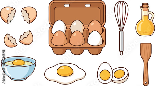 Baking and Cooking Egg Vector Icon Set with Carton Box, Eggshells, Fried Egg, Boiled Halves, Raw Yolk, Whisk, Oil, and Spatula