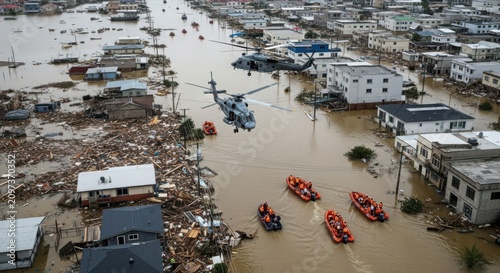 Rescue helicopters and boats navigate flooded city streets amidst disaster relief operations