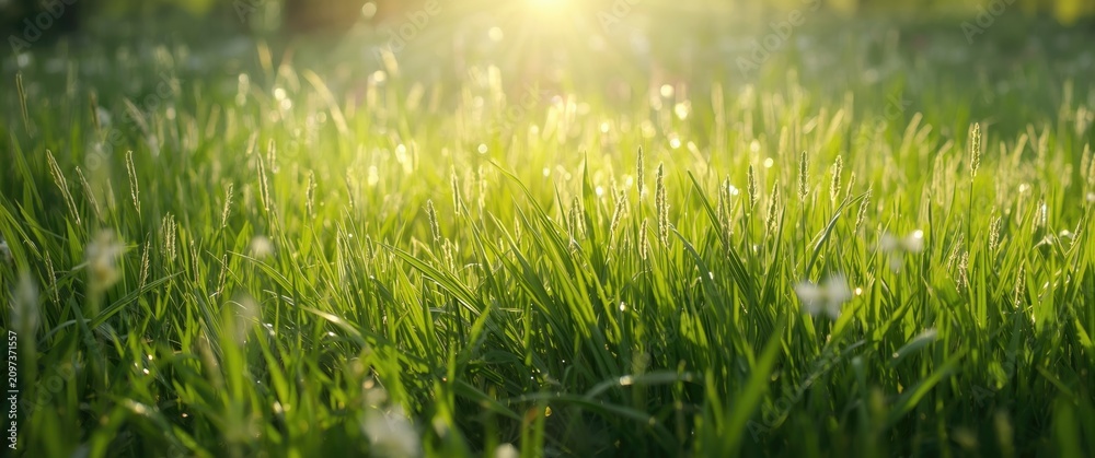 Obraz premium Sunlight Glimmering on Dewy Grass in a Serene Morning Setting