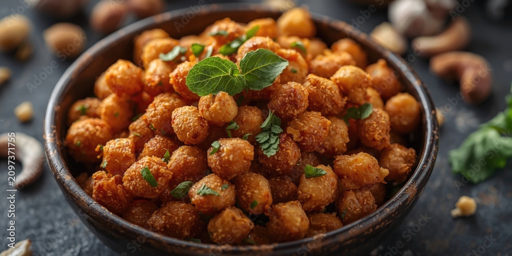 Fototapeta premium Crispy Chickpeas Topped with Fresh Herbs in a Bowl on Dark Surface