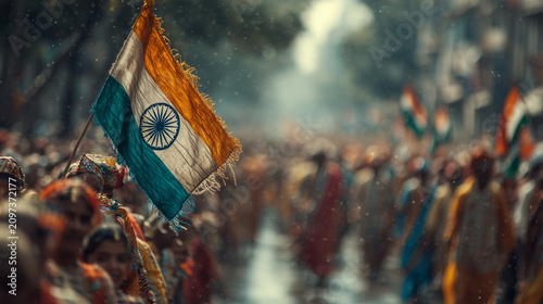 Celebration of Independence Day with people carrying the Indian flag in a parade during the day