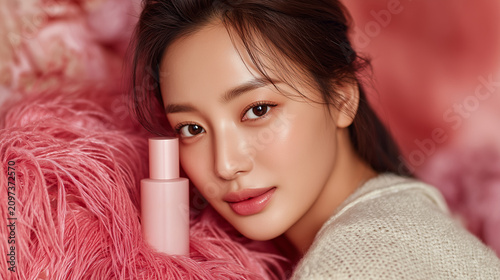 Korean skin care routine in a bright space with a focus on a beauty product and a person enjoying the moment