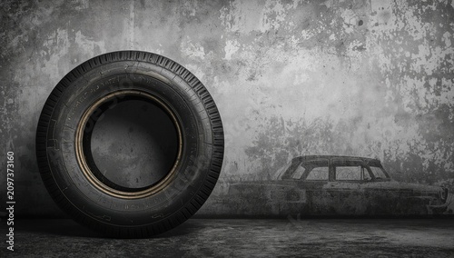 Black Tire Leaning Against Grungy Wall with Faded Car Outline
