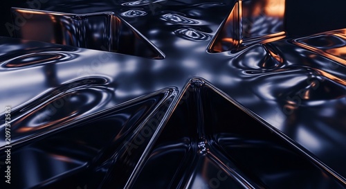 Abstract Metallic Surface with Reflective Ripples and Geometric Shapes.
