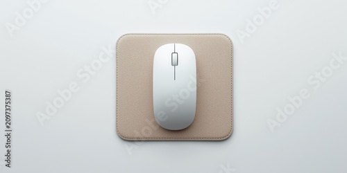 Minimalistic White Computer Mouse on Beige Mouse Pad - Isolated on Light Background, Modern Design