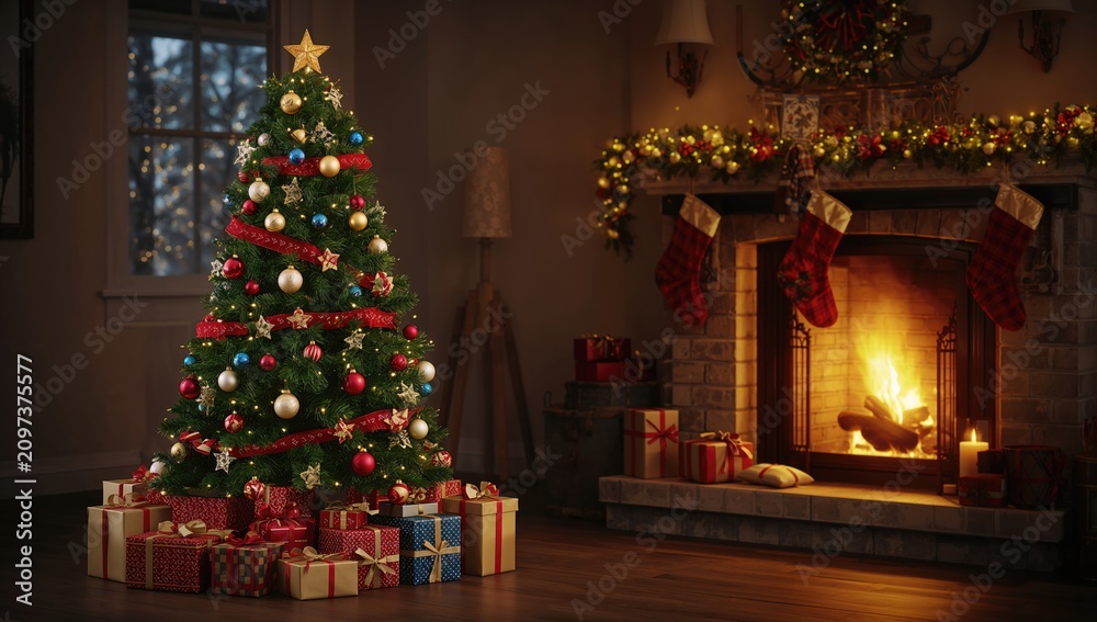 Obraz premium Christmas Tree Decorated with Colorful Ornaments and Gifts Near a Cozy Fireplace