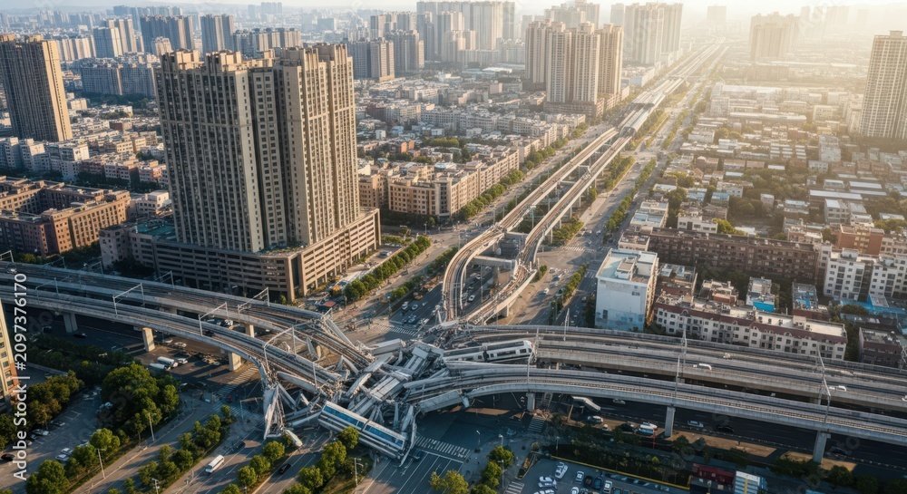 Fototapeta premium Sprawling urban commuter rail network with elevated highways and city buildings under morning sunlight