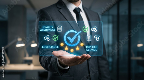 Businessman showcasing digital interface for quality assurance compliance and top tier service emphasizing business excellence and customer satisfaction
