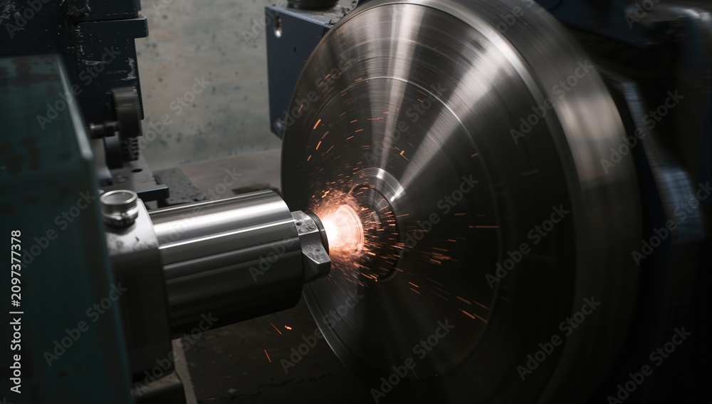 Fototapeta premium Metal Lathe Cutting with Sparks Flying in Industrial Workshop