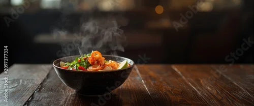 Panel kuchenny z motywem Steaming Bowl of Shrimp Noodle Dish on a Wooden Table in Warm Lighting