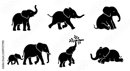 Obraz na plátně 70 Silhouette Elephant Collection, Vector Icons for Wildlife and Safari Themes,