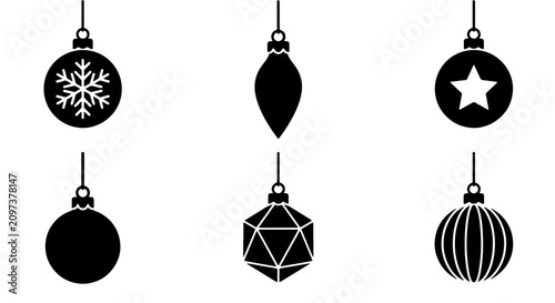 Canvastavla 70 Set of 6 Black Christmas Ornaments, Festive Holiday Icons, Decorative Baubles