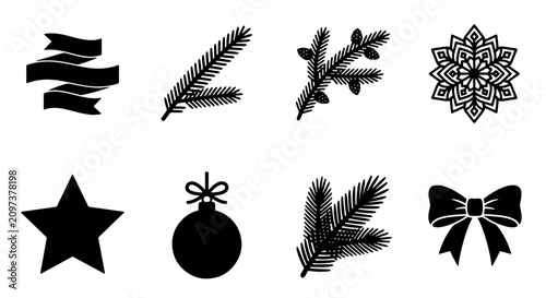 Canvastavla 70 Christmas Icons Vector Set: Festive Ornaments, Pine Branches, Star, Snowflake