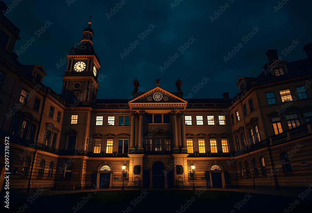 Obraz premium Historic building with clock tower at night