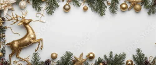 Golden Reindeer Surrounded by Christmas Ornaments and Pine Branches on White Background
