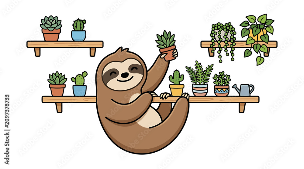 Obraz premium Cute cartoon sloth hanging on a wooden shelf surrounded by potted houseplants and succulents.