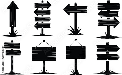 Collection of wooden directional signs on posts with grass silhouettes against a white background