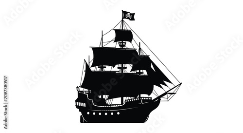 Tableau sur toile Pirate Ship Silhouette Against White Background Nautical Illustration