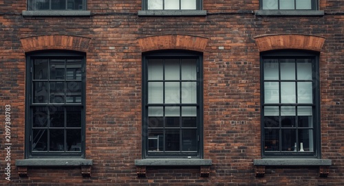 Brick Wall with Three Black-Framed Windows - Urban Setting, Moody Atmosphere, Close-Up View