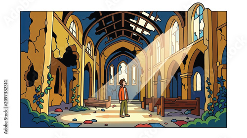 Man standing in a decaying, abandoned church with broken roof and windows, bathed in light beams.