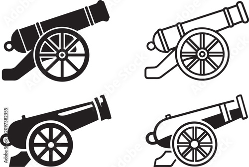 Cannon Flat Icon Set, Historic Cannon Artillery Symbols Collection, Military Weapon Vector Illustration