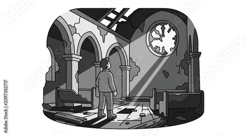 Person standing in a derelict church interior with broken stained-glass window and collapsed roof, illuminated by light rays.